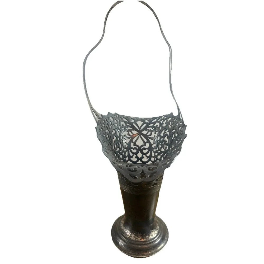 Antique Brides Flower Basket Silverplate 15” Tall Intricate Filigree Unique Mark